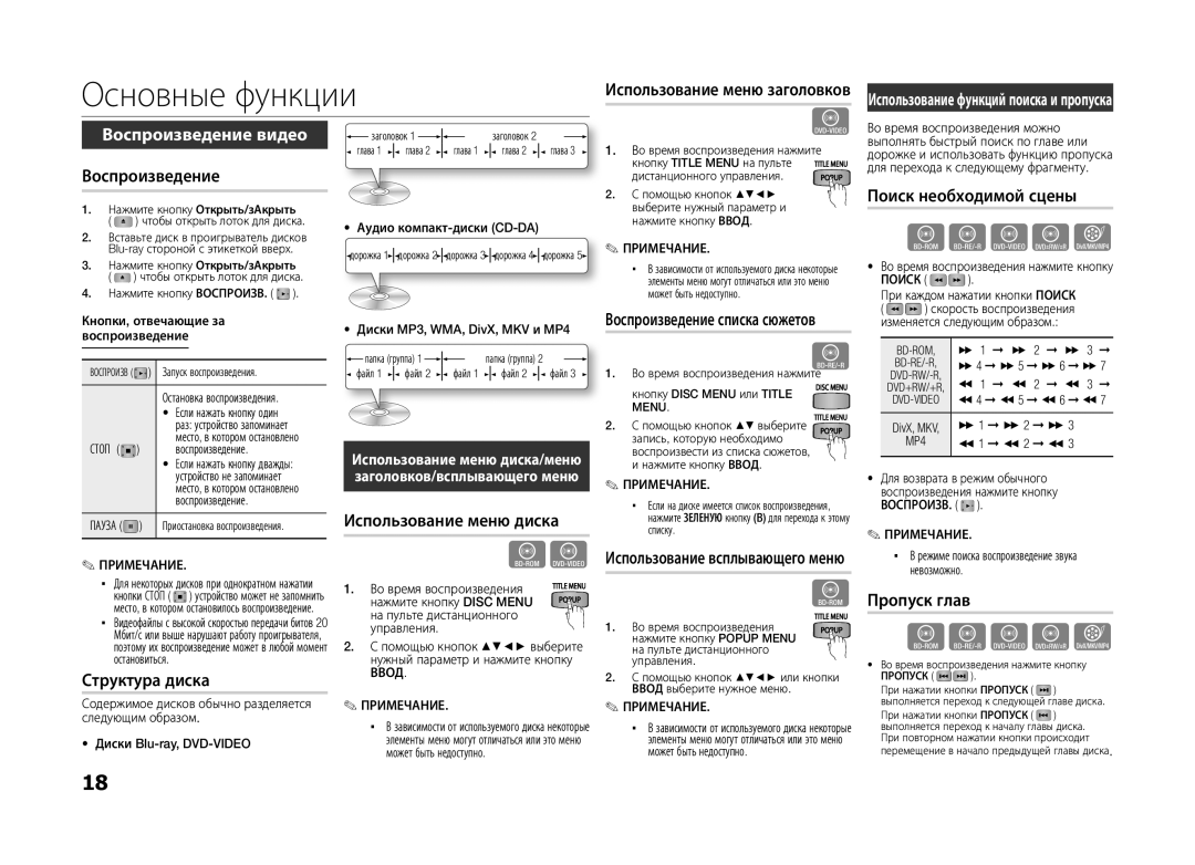 Samsung BD-D5100/RU, BD-D5100/ZS manual Основные функции, Воспроизведение видео 