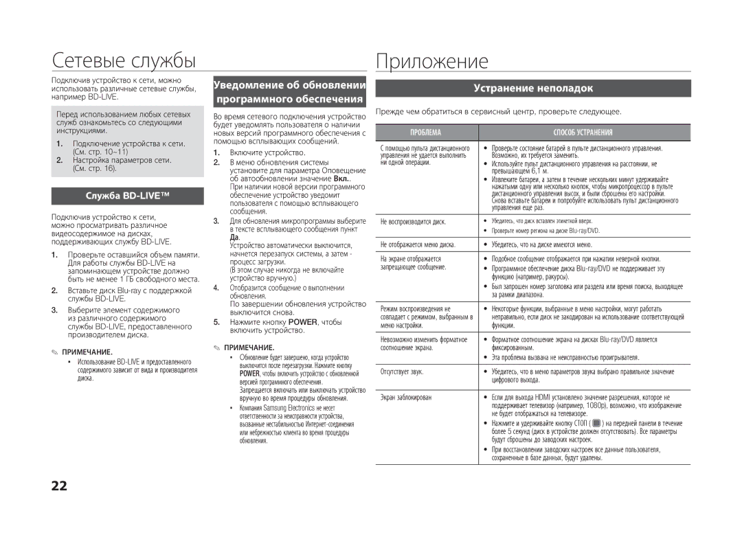 Samsung BD-D5100/RU Сетевые службы Приложение, Уведомление об обновлении программного обеспечения, Устранение неполадок 