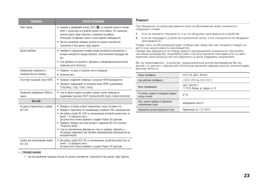 Samsung BD-D5100/ZS, BD-D5100/RU manual Ремонт, Bd-Live, OOO Альттест 