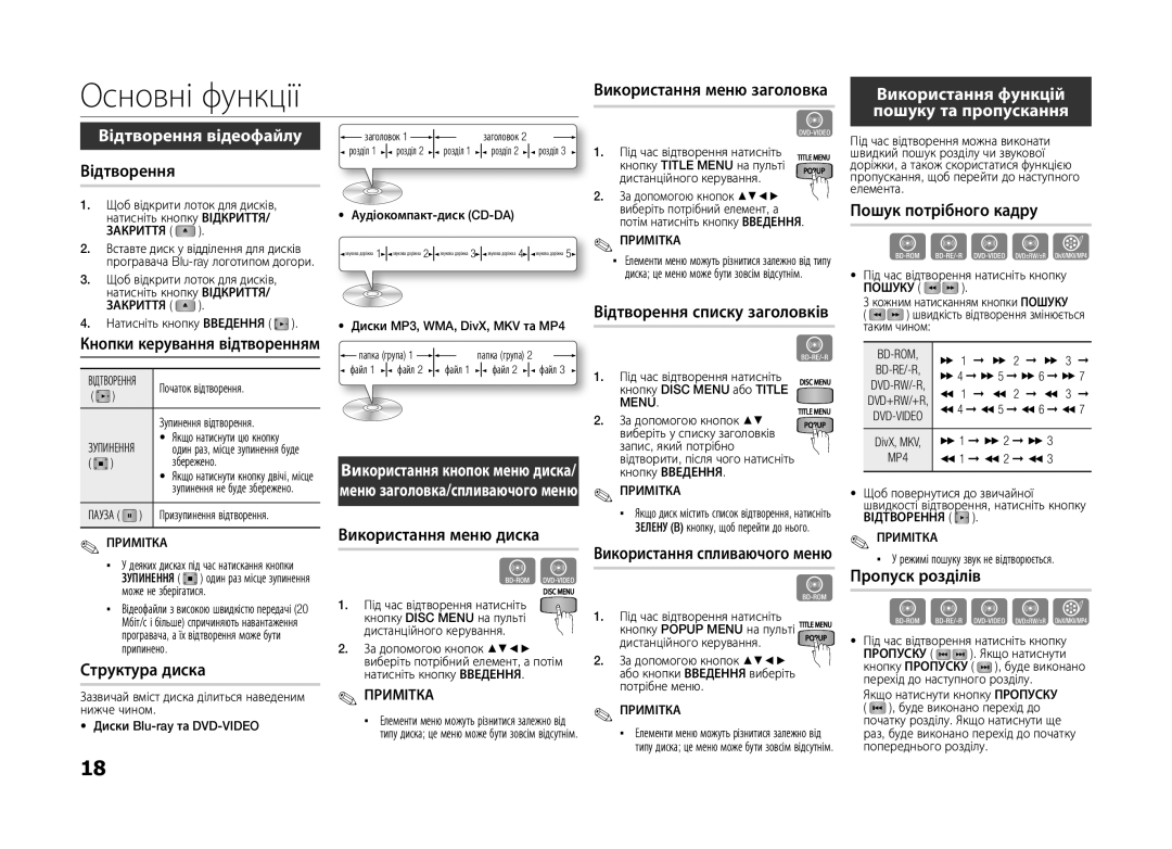 Samsung BD-D5100/RU, BD-D5100/ZS manual Використання функцій, Пошуку та пропускання, Відтворення відеофайлу 