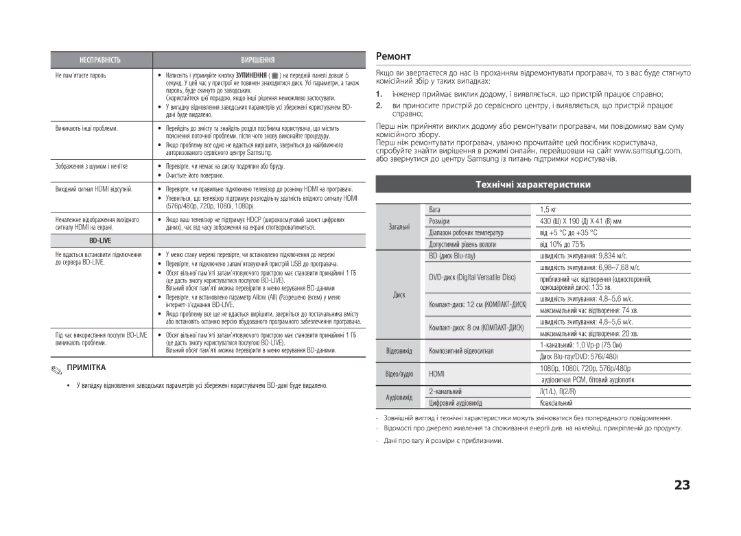 Samsung BD-D5100/ZS, BD-D5100/RU manual Технічні характеристики 