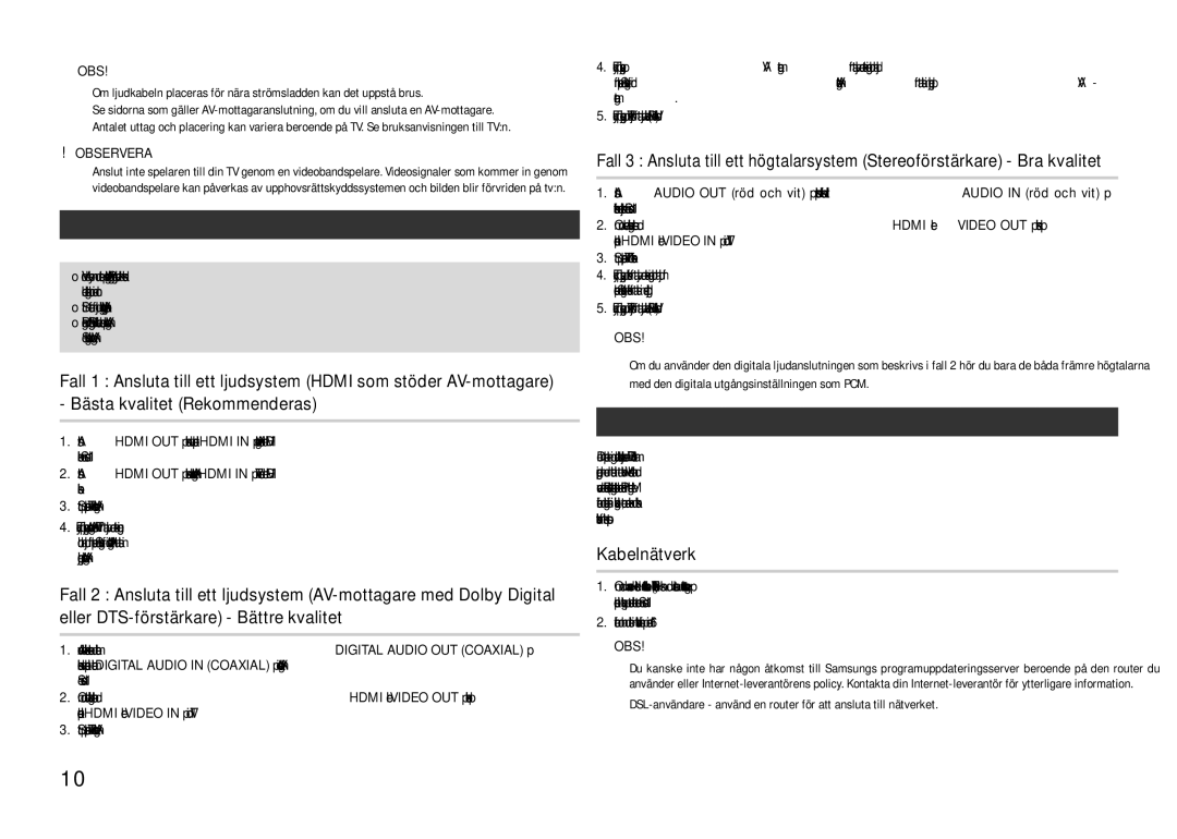 Samsung BD-D5100/XE manual Kabelnätverk, Ansluta till ett ljudsystem, Ansluta till nätverket 