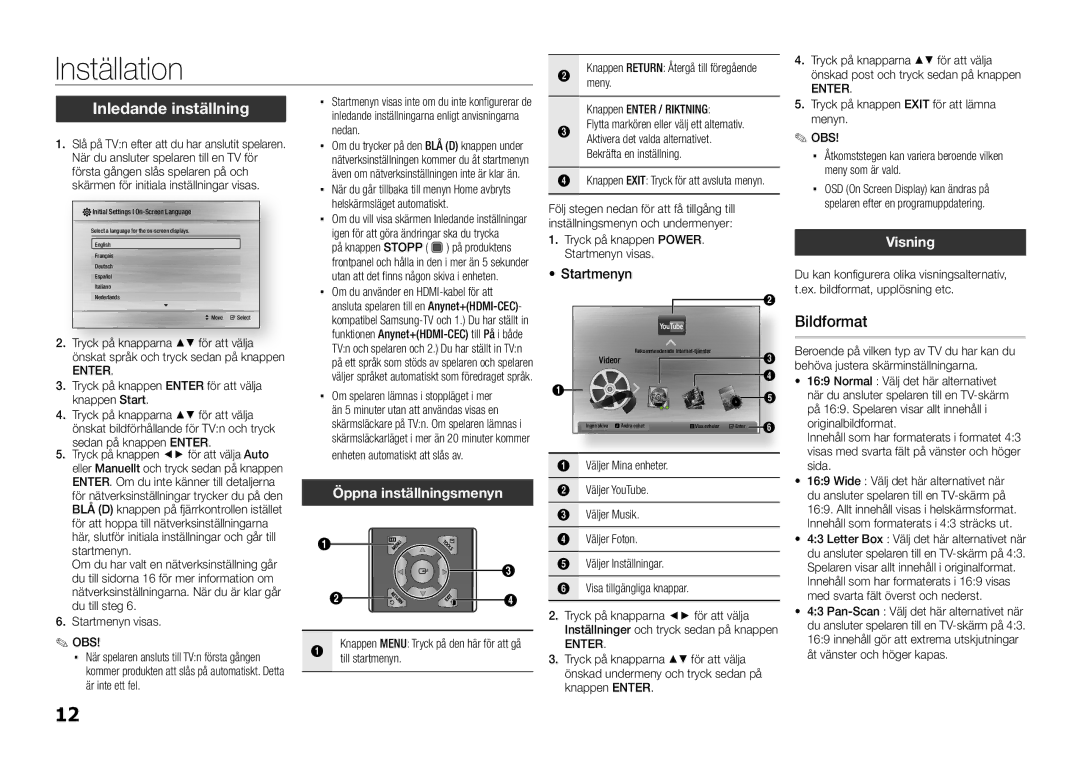 Samsung BD-D5100/XE manual Inställation, Bildformat, Öppna inställningsmenyn, Startmenyn, Visning 