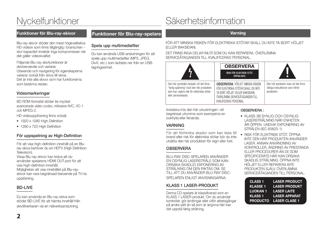 Samsung BD-D5100/XE manual Nyckelfunktioner, Säkerhetsinformation, Funktioner för Blu-ray-skivor, Varning 