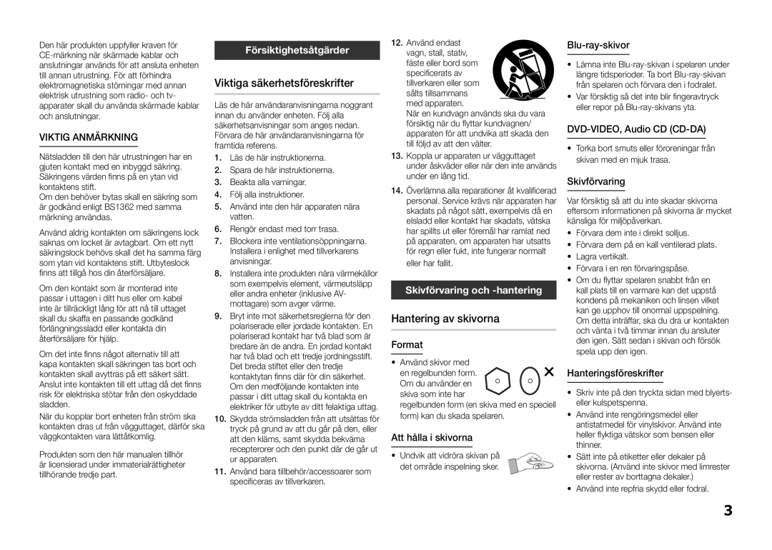 Samsung BD-D5100/XE manual Viktiga säkerhetsföreskrifter, Hantering av skivorna, Viktig Anmärkning, Försiktighetsåtgärder 