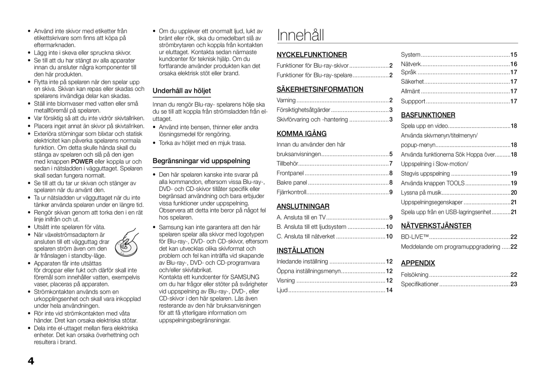 Samsung BD-D5100/XE manual Innehåll 