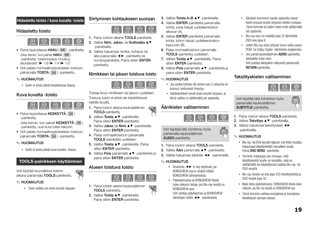 Samsung BD-D5100/XE manual Hidastettu toisto, Kuva kuvalta -toisto, Siirtyminen kohtaukseen suoraan, Alueen toistuva toisto 