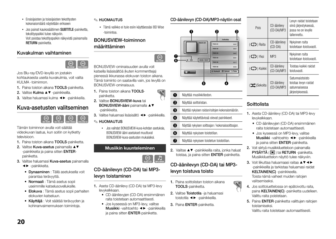 Samsung BD-D5100/XE manual Kuvakulman vaihtaminen, CD-äänilevyn CD-DA tai MP3- levyn toistaminen, Soittolista 