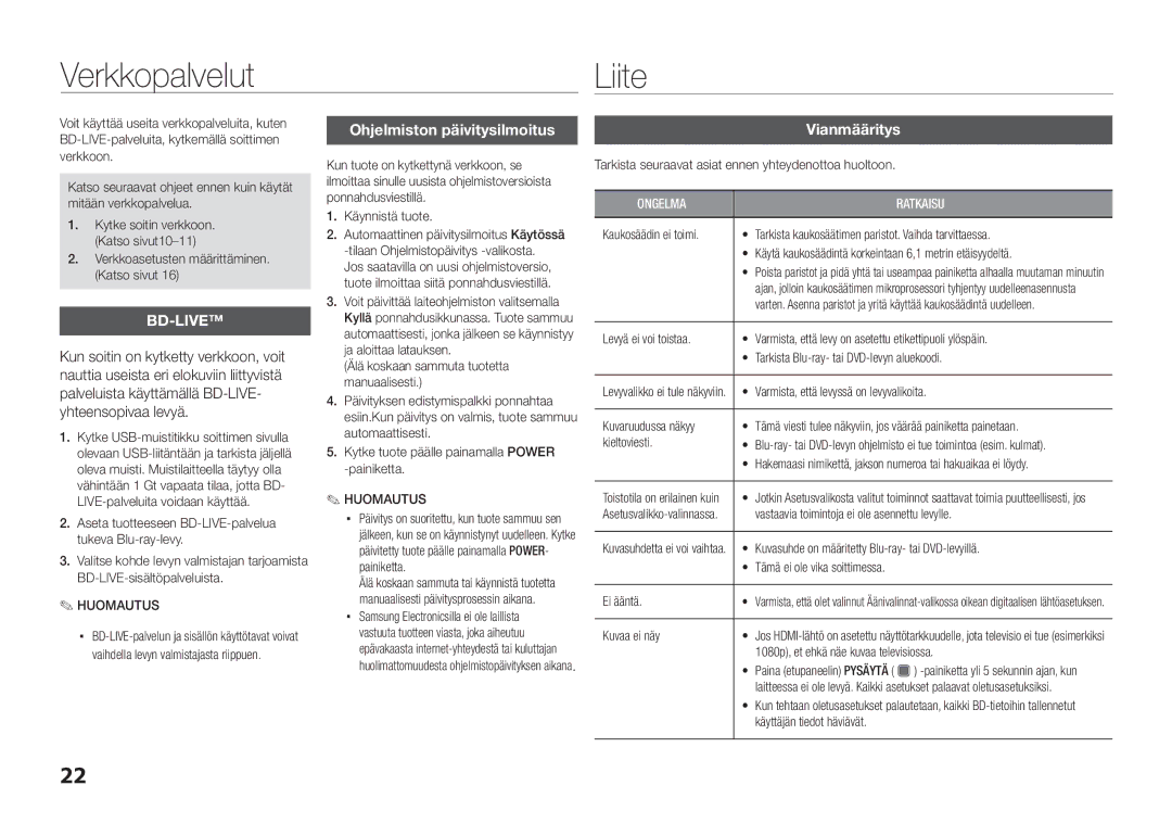 Samsung BD-D5100/XE manual Verkkopalvelut Liite, Ohjelmiston päivitysilmoitus, Vianmääritys 