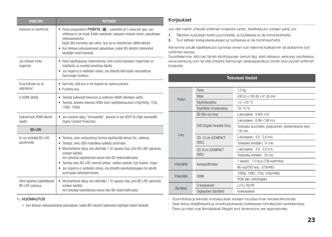 Samsung BD-D5100/XE manual Korjaukset, Tekniset tiedot, Disc 