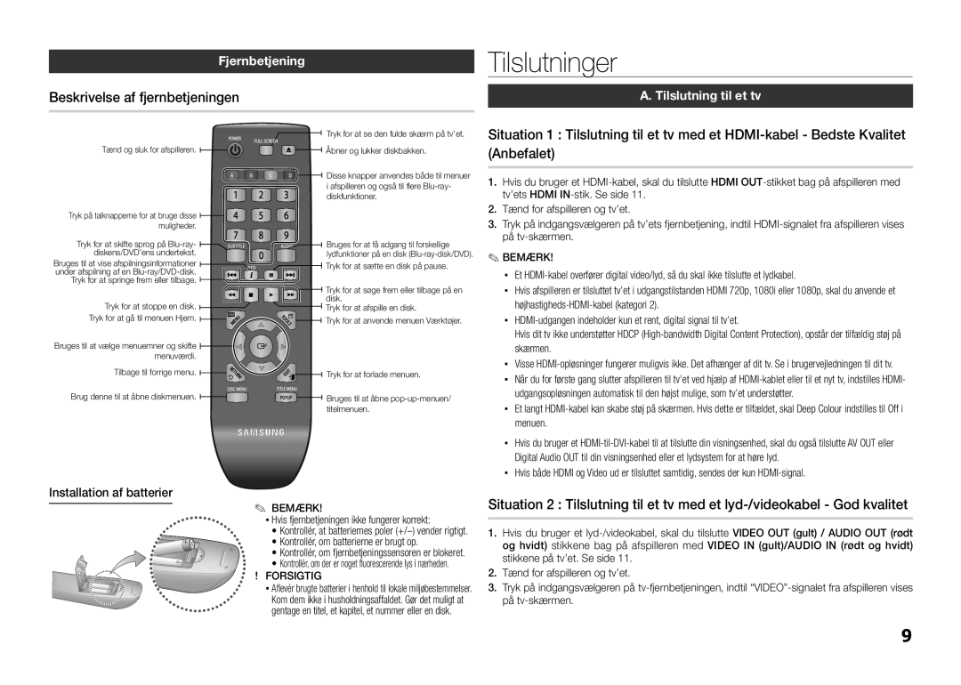 Samsung BD-D5100/XE manual Tilslutninger, Fjernbetjening, Beskrivelse af fjernbetjeningen, Installation af batterier 