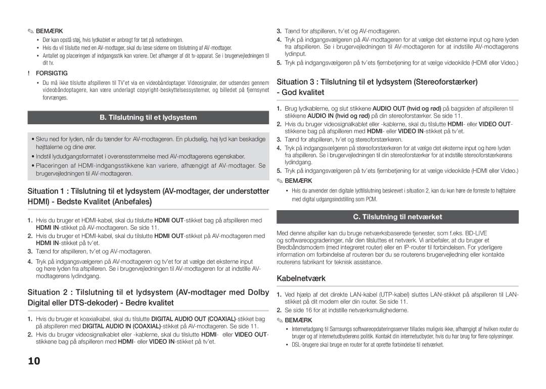 Samsung BD-D5100/XE manual Kabelnetværk, Tilslutning til et lydsystem, Tilslutning til netværket 