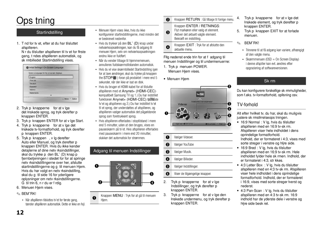 Samsung BD-D5100/XE manual Opsætning, TV-forhold, Startindstilling, Adgang til menuen Indstillinger, Skærm 