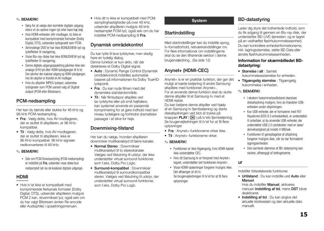 Samsung BD-D5100/XE manual Dynamisk områdekontrol, Downmixing-tilstand, Startindstilling, System 