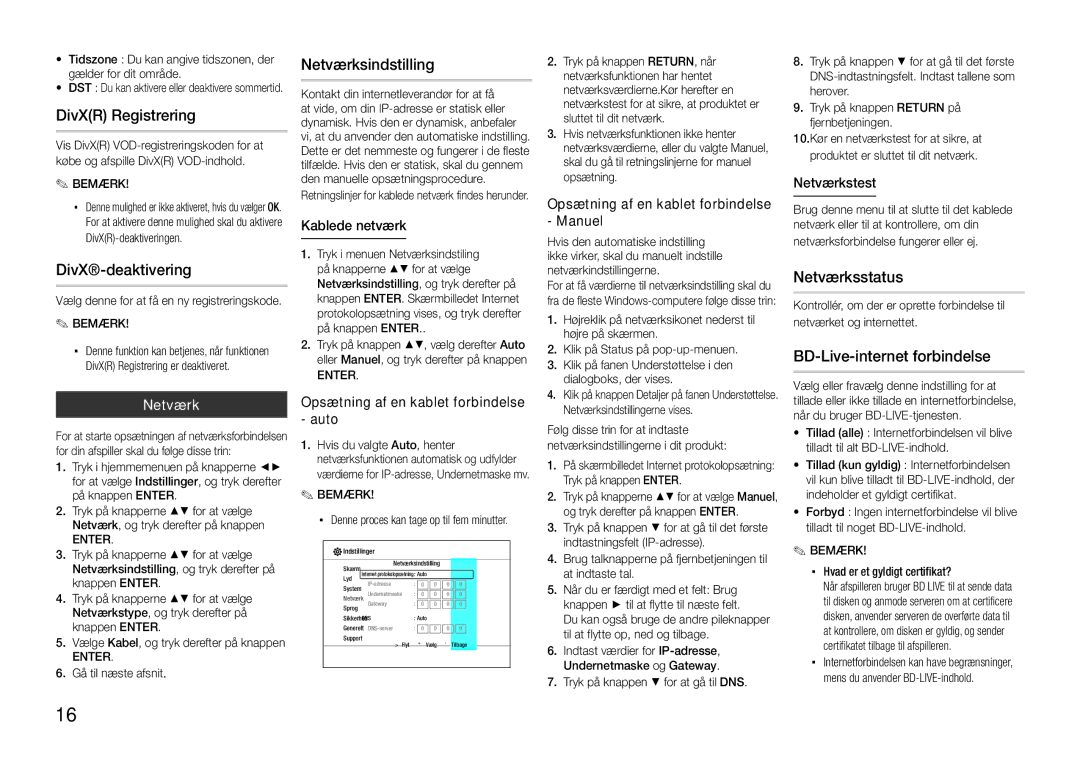 Samsung BD-D5100/XE manual DivXR Registrering, Netværksindstilling, Netværksstatus, BD-Live-internet forbindelse 