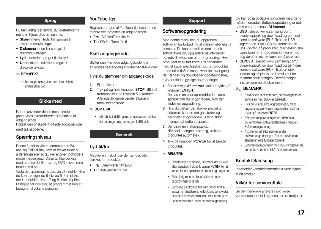 Samsung BD-D5100/XE manual Spærringsniveau, Skift adgangskode, Lyd til/fra, Softwareopgradering, Vilkår for serviceaftale 