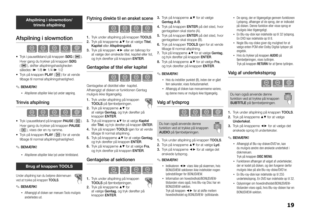 Samsung BD-D5100/XE manual Trinvis afspilning, Gentagelse af titel eller kapitel, Gentagelse af sektionen, Valg af lydsprog 