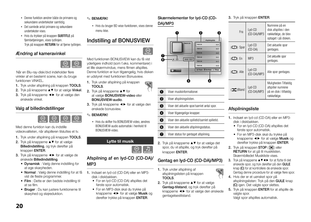 Samsung BD-D5100/XE manual Ændring af kameravinkel, Valg af billedindstillinger, Afspilning af en lyd-CD CD-DA/ MP3 