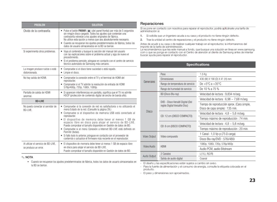 Samsung BD-D5100/ZF manual Reparaciones 