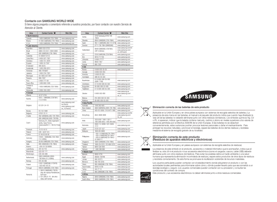 Samsung BD-D5100/ZF manual Eliminación correcta de las baterías de este producto 