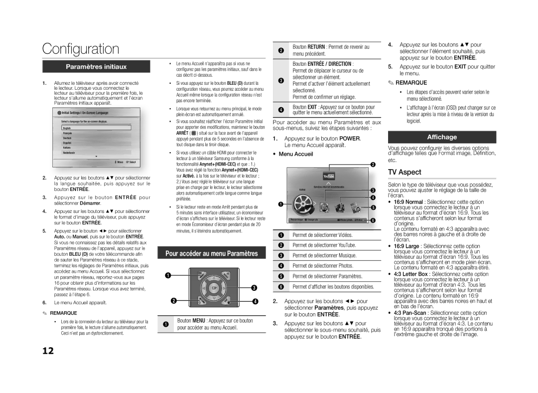 Samsung BD-D5100/ZF manual Configuration, TV Aspect, Paramètres initiaux, Affichage, Pour accéder au menu Accueil 