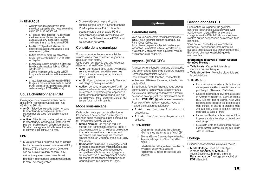 Samsung BD-D5100/ZF manual Sous Echantillonnage PCM, Contrôle de la dynamique, Mode sous-mixage, Paramètre initial, Horloge 