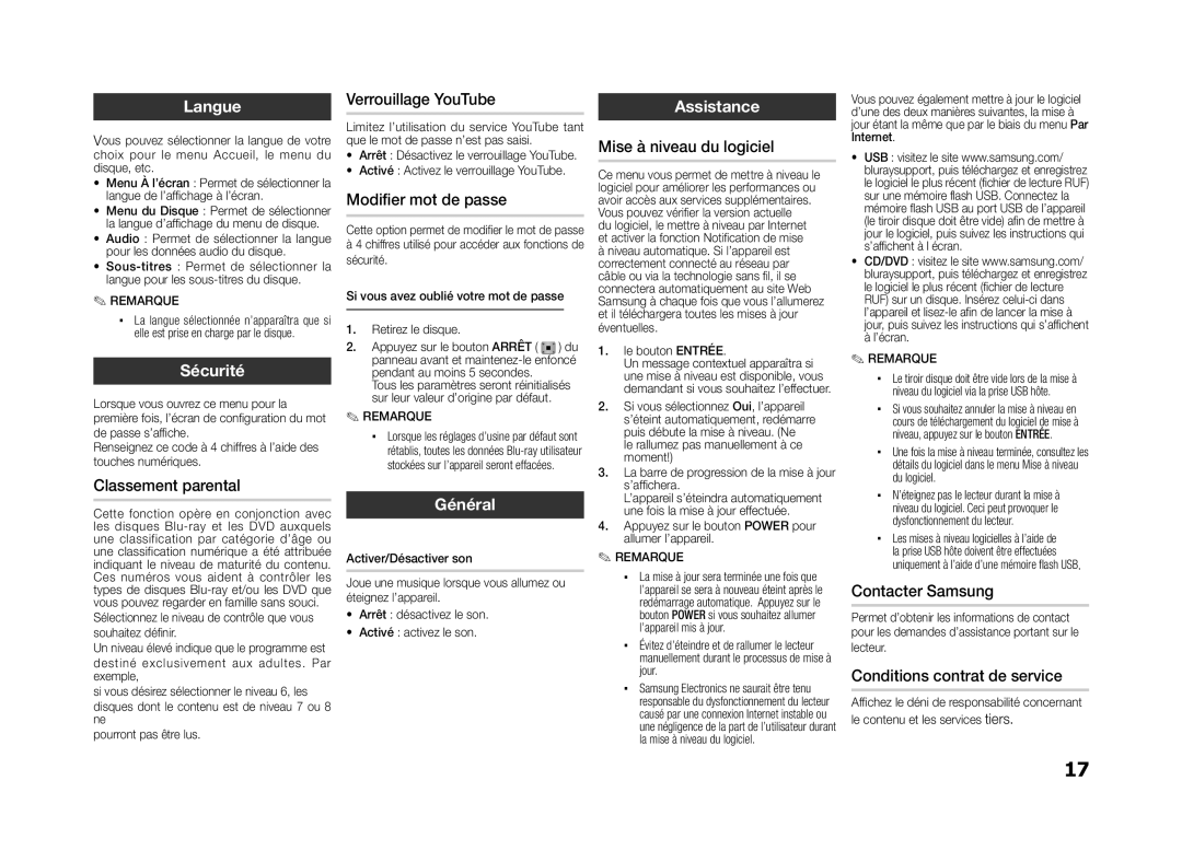 Samsung BD-D5100/ZF manual Langue, Sécurité, Général, Assistance 