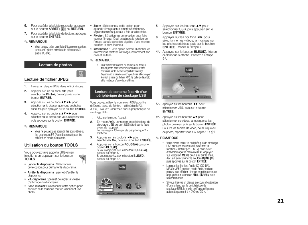 Samsung BD-D5100/ZF Lecture de fichier Jpeg G, Utilisation du bouton TOOLS, Lecture de photos, Allez sur le menu Accueil 