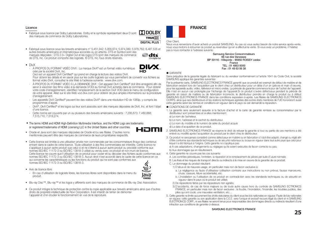 Samsung BD-D5100/ZF manual France, Licence 