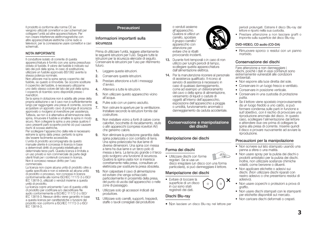 Samsung BD-D5100/ZF manual Precauzioni, Conservazione e manipolazione Dei dischi 