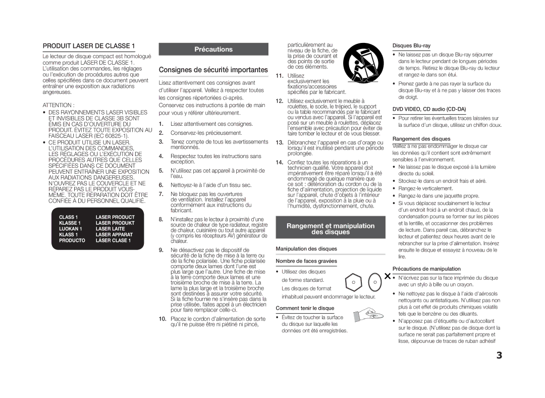 Samsung BD-D5100/ZF Produit Laser DE Classe, Précautions, Consignes de sécurité importantes, Rangement et manipulation 