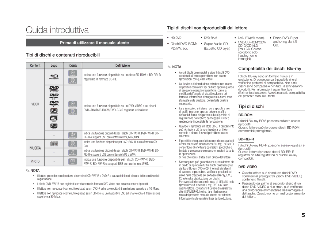 Samsung BD-D5100/ZF Guida introduttiva, Tipi di dischi non riproducibili dal lettore, Compatibilità dei dischi Blu-ray 