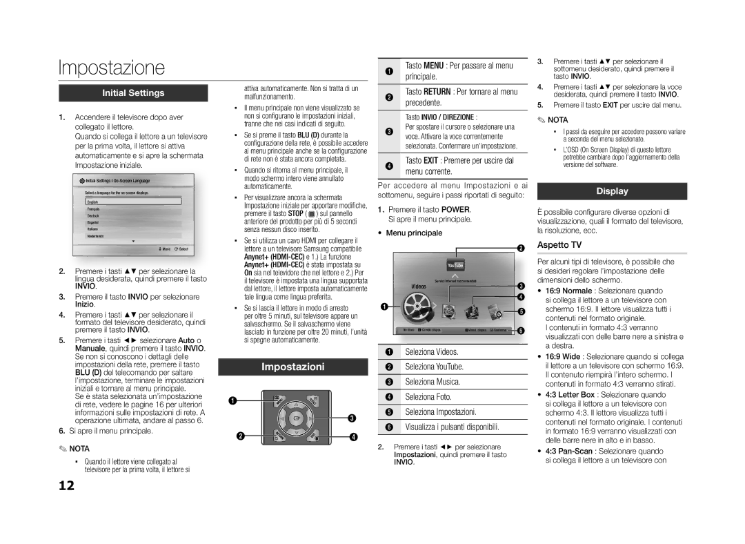 Samsung BD-D5100/ZF manual Impostazione, Impostazioni, Initial Settings, Display 