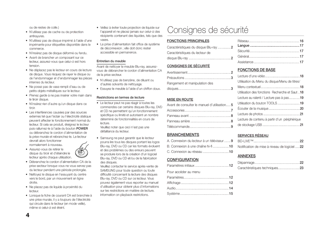 Samsung BD-D5100/ZF manual Branchements, Configuration, Fonctions DE Base, Annexes 