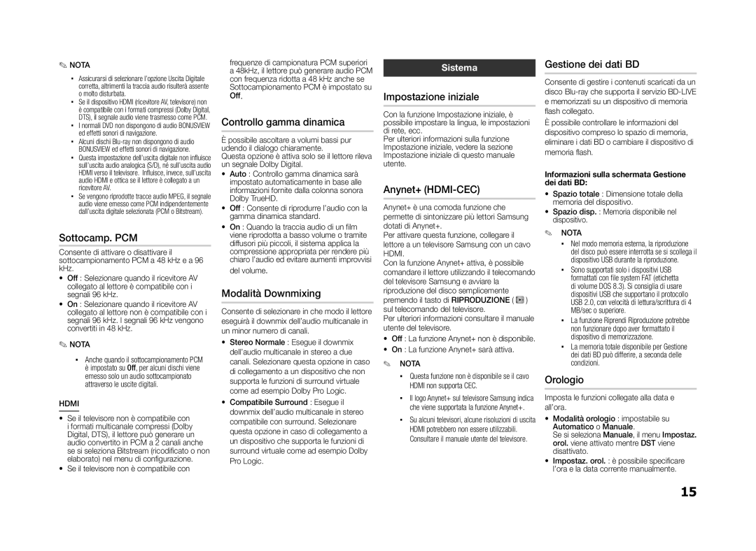 Samsung BD-D5100/ZF Sottocamp. PCM, Controllo gamma dinamica, Modalità Downmixing, Impostazione iniziale, Anynet+ HDMI-CEC 