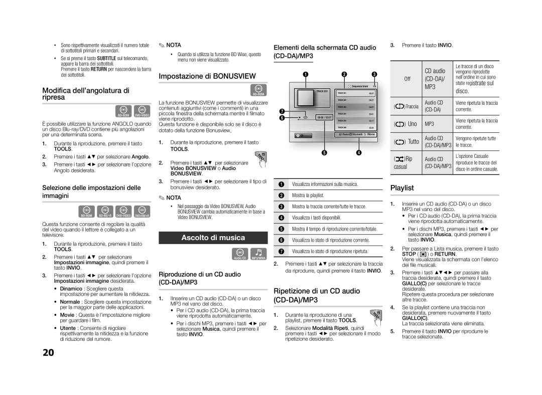 Samsung BD-D5100/ZF manual Impostazione di Bonusview, Modifica dell’angolatura di Ripresa, Playlist, MP3 