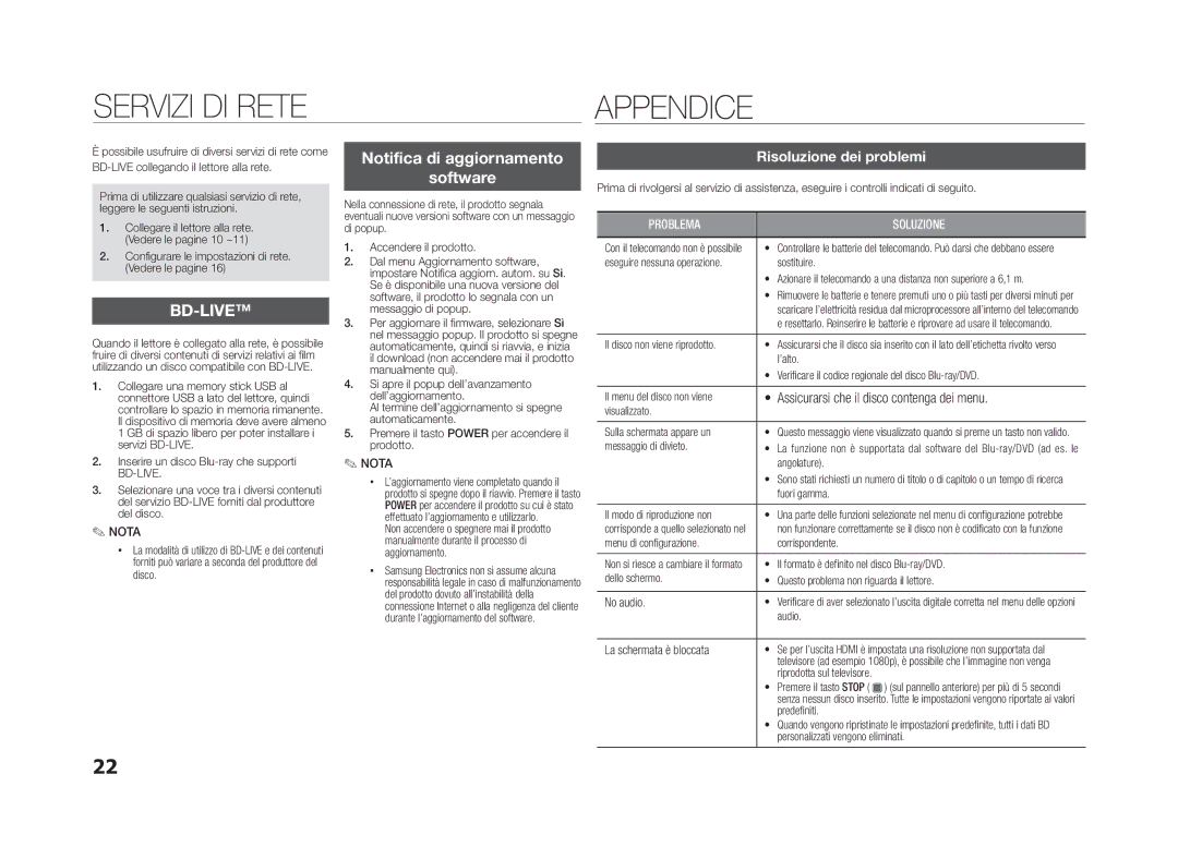 Samsung BD-D5100/ZF manual Notifica di aggiornamento Software, Risoluzione dei problemi 