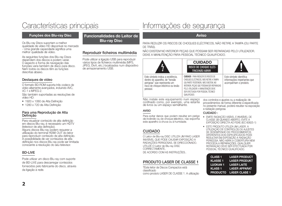 Samsung BD-D5100/ZF Características principais Informações de segurança, Funcionalidades do Leitor de Blu-ray Disc, Aviso 