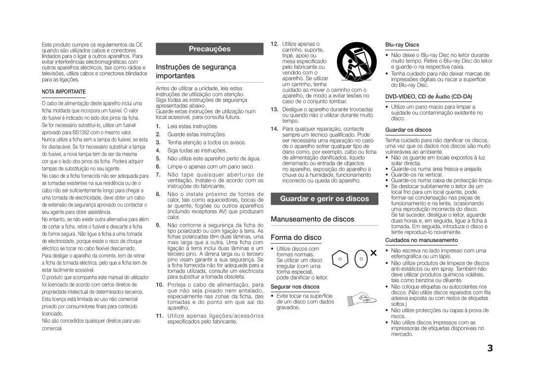 Samsung BD-D5100/ZF manual Precauções, Instruções de segurança importantes, Guardar e gerir os discos 