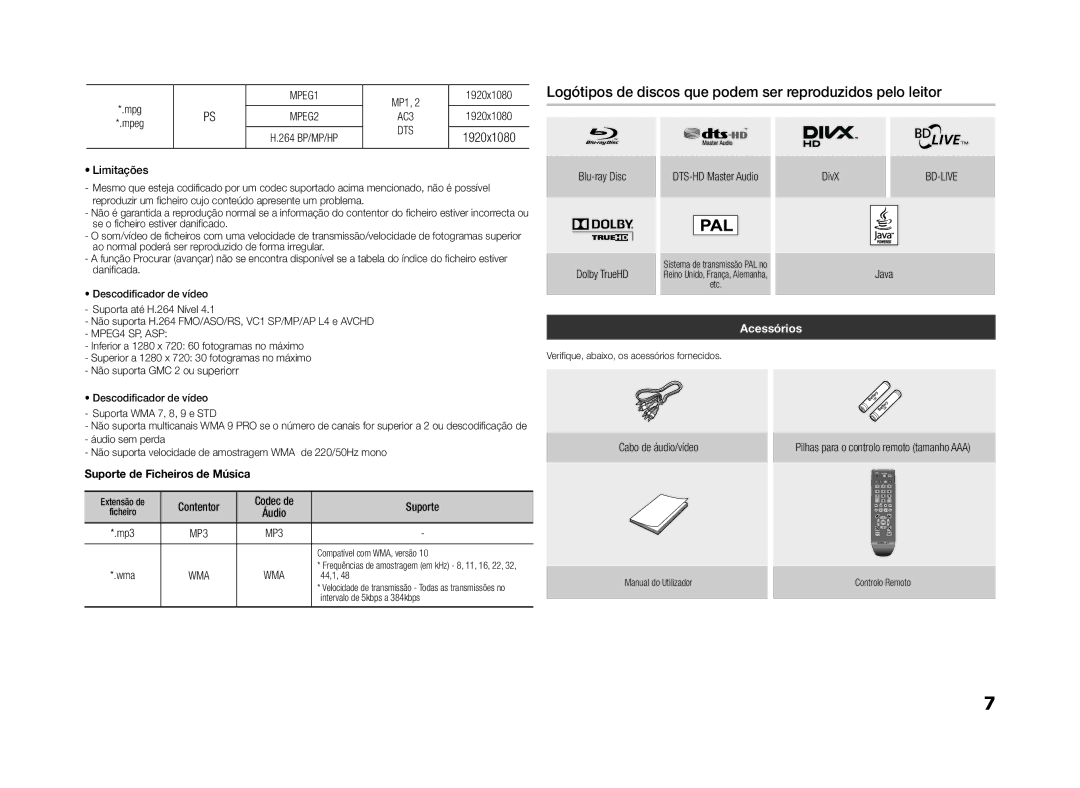 Samsung BD-D5100/ZF manual Logótipos de discos que podem ser reproduzidos pelo leitor, Suporte de Ficheiros de Música 