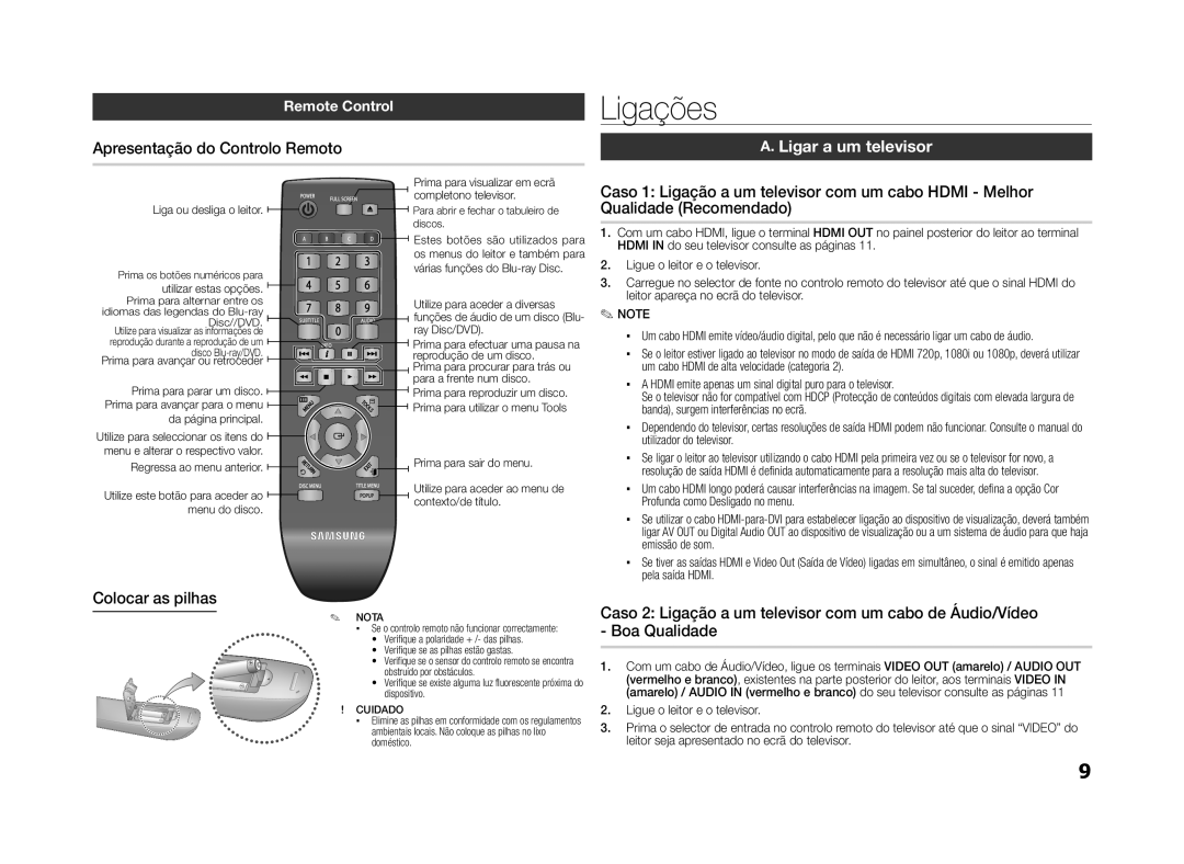 Samsung BD-D5100/ZF Ligações, Colocar as pilhas, Ligar a um televisor, Remote Control, Apresentação do Controlo Remoto 