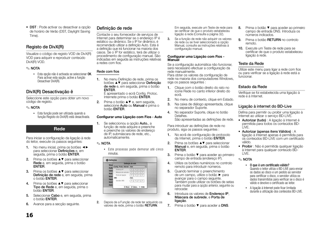 Samsung BD-D5100/ZF manual Registo de DivXR, DivXR Desactivação ê, Rede, Definição de rede 