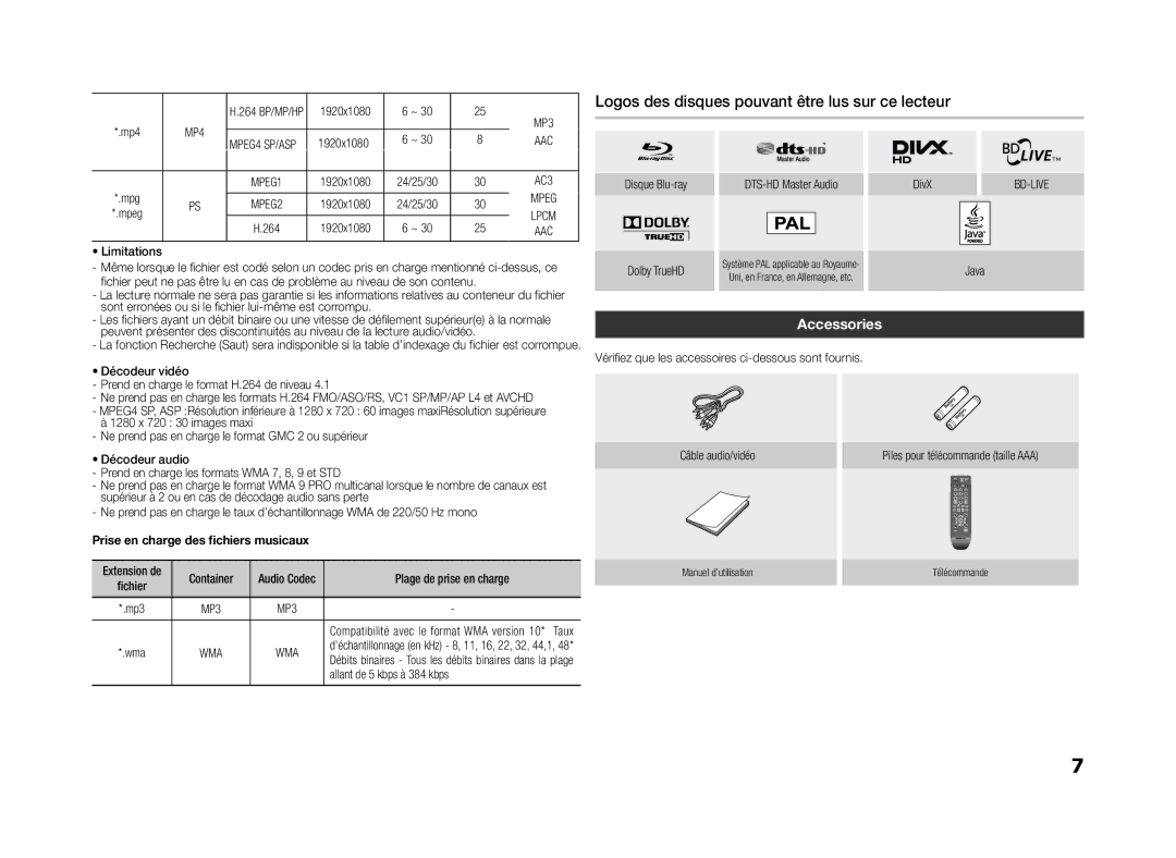 Samsung BD-D5100/ZF Logos des disques pouvant être lus sur ce lecteur, Accessories, Prise en charge des fichiers musicaux 