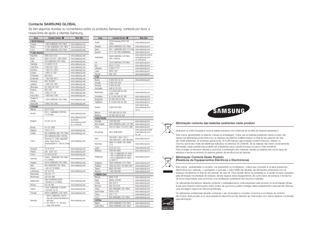 Samsung BD-D5100/ZF manual Eliminação correcta das baterias existentes neste produto 