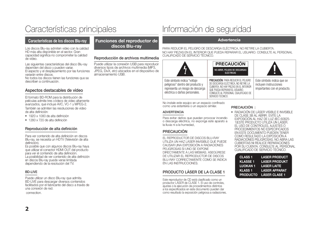 Samsung BD-D5100/ZF Características principales Información de seguridad, Funciones del reproductor de Discos Blu-ray 