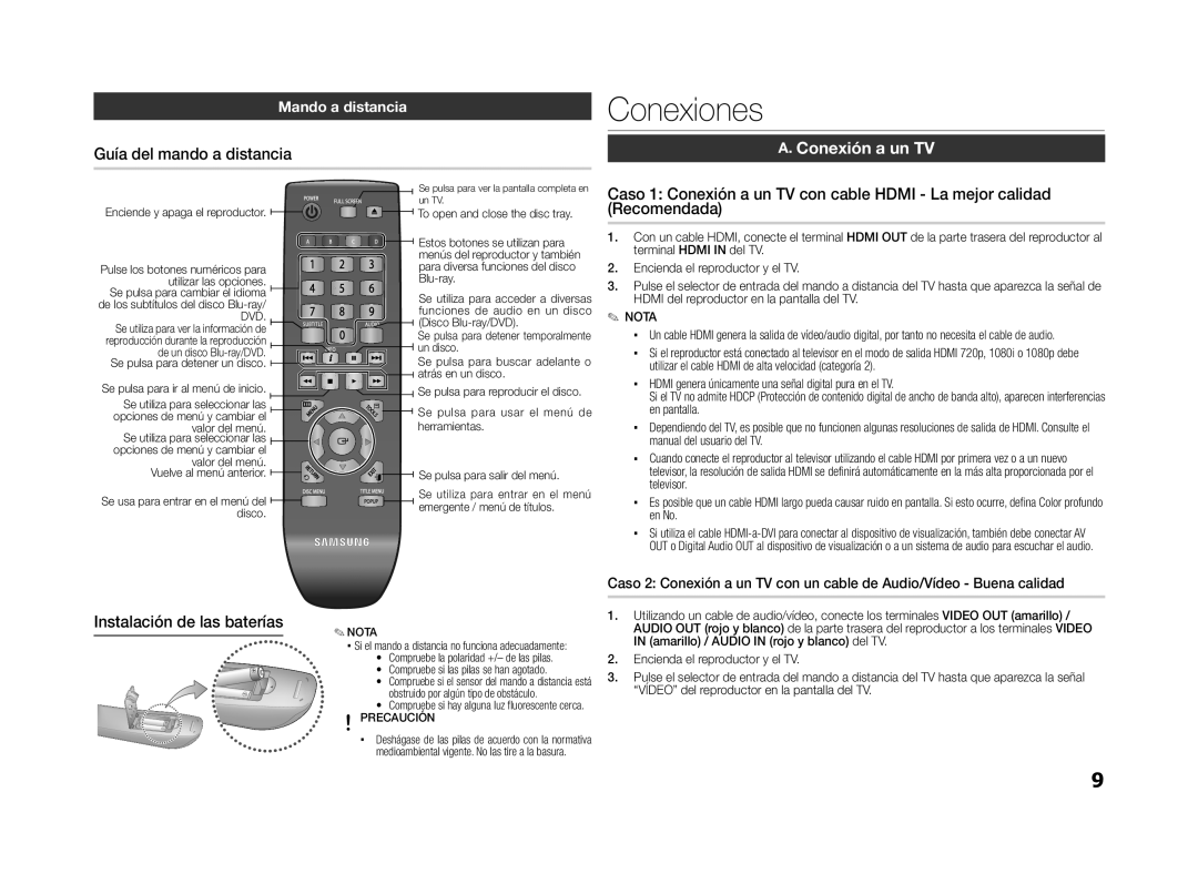 Samsung BD-D5100/ZF manual Conexiones, Guía del mando a distancia, Conexión a un TV, Instalación de las baterías 