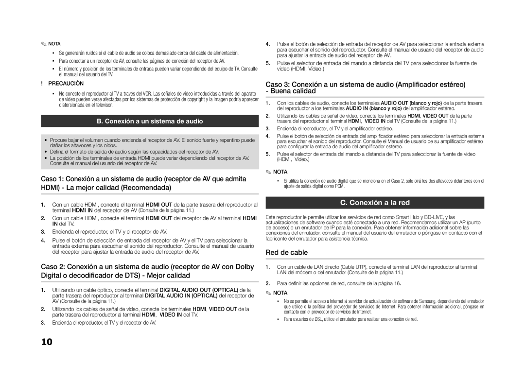 Samsung BD-D5100/ZF manual Conexión a la red, Red de cable, Conexión a un sistema de audio 