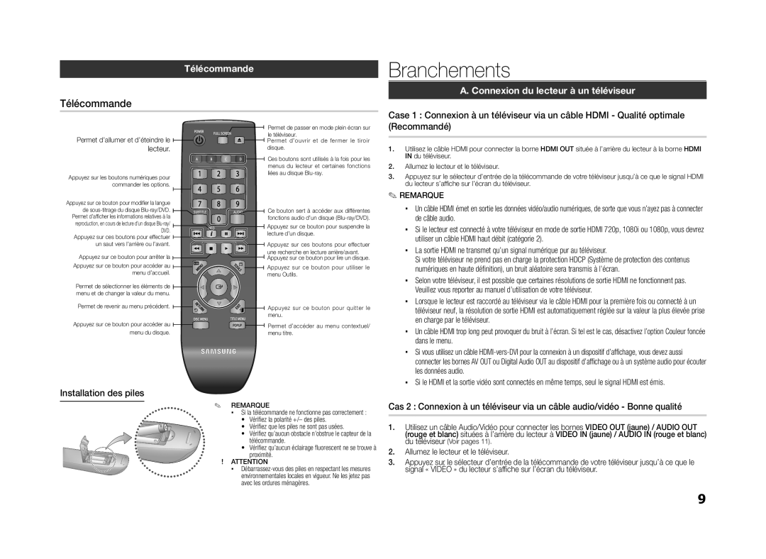 Samsung BD-D5100/ZF manual Branchements, Télécommande, Connexion du lecteur à un téléviseur 