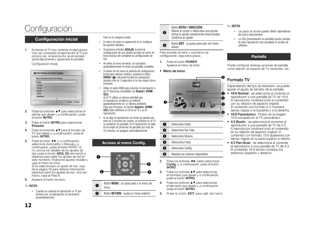 Samsung BD-D5100/ZF manual Configuración inicial, Formato TV, Pantalla, Acceso al menú Config 