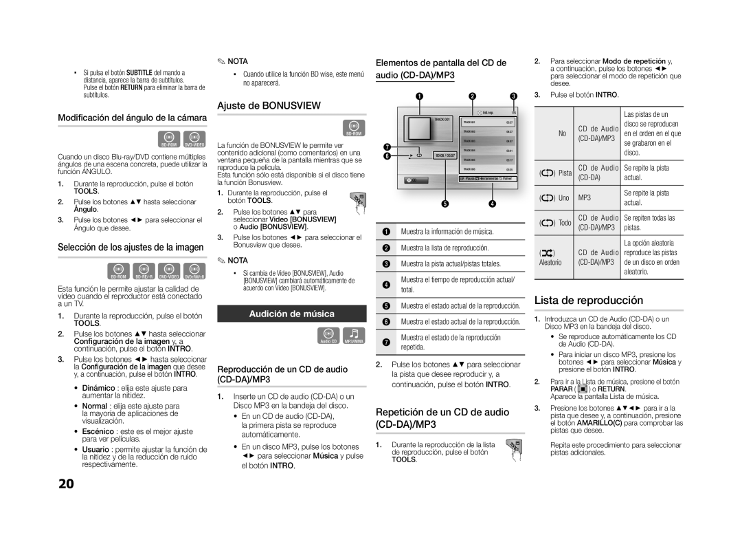 Samsung BD-D5100/ZF manual Ajuste de Bonusview, Repetición de un CD de audio CD-DA/MP3, Audición de música 